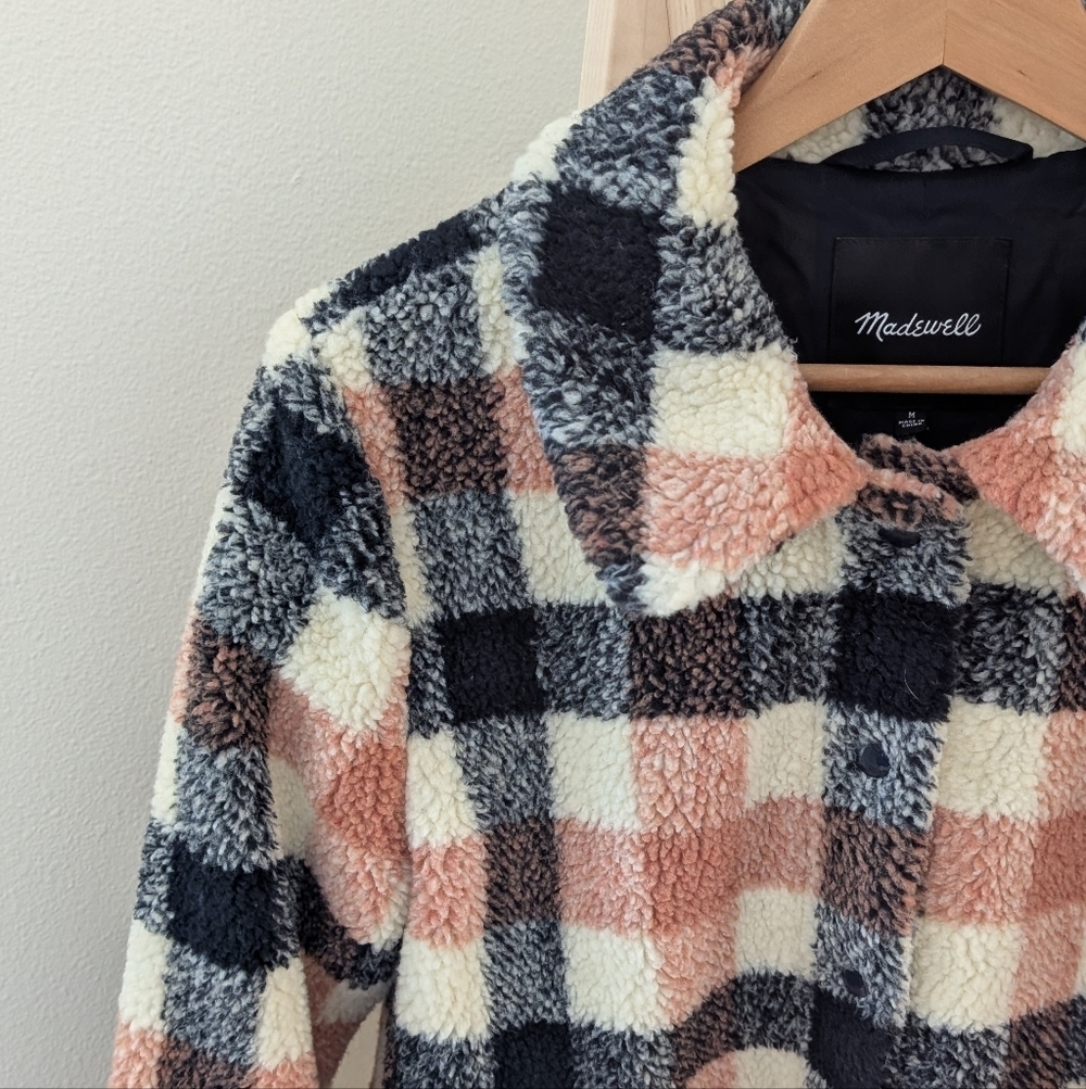 Madewell Hazlewood Faux Fur Plaid Sherpa Jacket In Black/Coral/Ivory - M - Picture 6 of 13